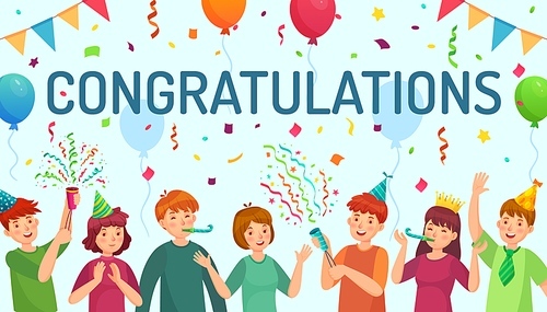 Congratulations card. Happy people congratulate you, team celebrate together cartoon vector illustration. Celebration birthday and congratulate