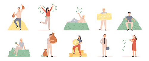 Rich people. Happy wealthy woman, man millionaire bathing in money, businessman magnate and cash dollar banknote finance profit vector set. Illustration money cash, rich character bathing