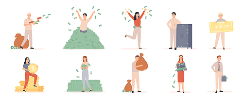 Rich men and women. Wealthy people with moneybags and cash dollar, millionaire bathing in money, entrepreneur finance success vector set. Illustration millionaire with moneybag, and bathing in cash