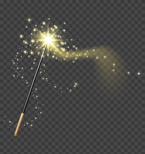 Magic wand. Realistic fairytale stick with golden sparkle trail. Fantasy glitter and shine star. Fairy wand and magical light vector concept. Magical miracle or wizard blessing with shiny dust