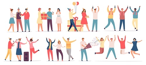 People celebrate birthday. Friend characters dance on party, sing karaoke, hold cake and gift, drink champagne. Flat celebrating vector set. Man and woman making surprise, congratulating