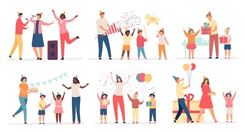 Children at birthday party. Happy kids with cake, gift, confetti and balloon. Family and friends celebrate holiday or anniversary vector set. Parents singing karaoke, girl getting presents