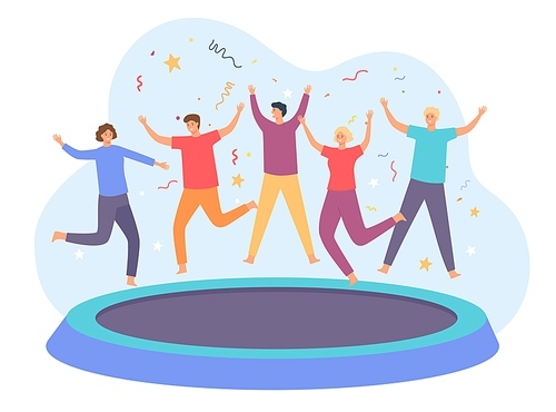 Teens on trampoline. Happy group of friends jumping and having fun. Energetic people leap on trampoline. Party entertainment vector concept. Illustration happy jumping and bouncing