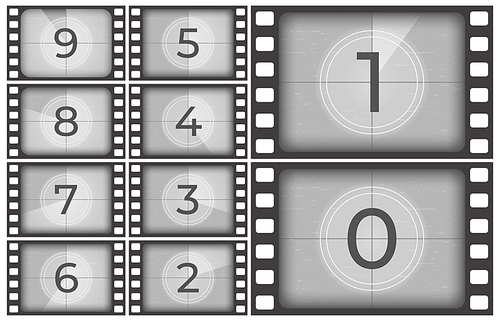 Cinema film countdown. Old movie films strip frame, vintage intro screen counting numbers or retro timer frames. Movie countdown, filmstrip or cinema slide reel television vector illustration