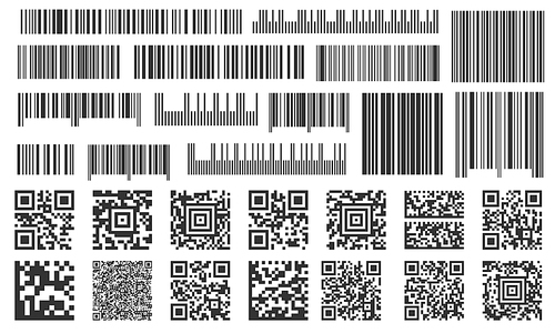 Digital barcode. Supermarket bar labels, shop inventory code and technology codes bars. Barcodes scan, sale coding number or retail shop barcoding sticker. Isolated signs vector set