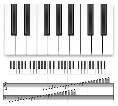 Piano keyboard. Realistic music instrument top view grand piano keyboard or synthesizer and musical notes vector template. Musical creative concept, design for recording studio on white background
