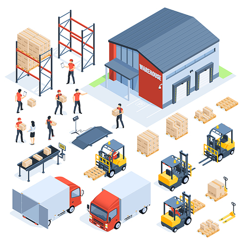 Isometric warehouse logistic. Cargo transport industry, wholesale distribution logistics and distributed pallets. People with package, world truck packaging delivery company 3d isometric vector set