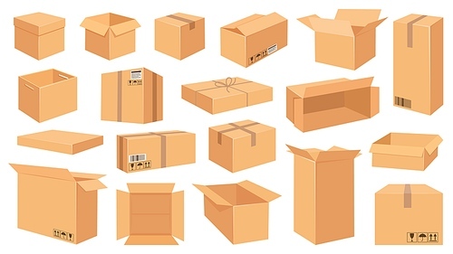 Cardboard boxes. Cartoon brown carton package. Open and closed delivery rectangle box with fragile signs. Vector shipping and packing set. Cardboard box, cube cartboard storage for distribution