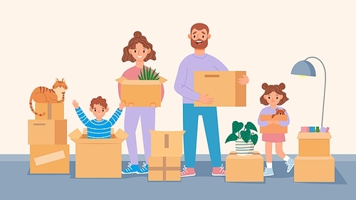 Happy moving family. Cartoon parents and kids move to new home, packing belongings. People carry boxes. Moving to apartment vector concept. Illustration family moving indoors, smiling and happy