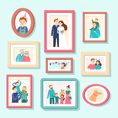 Family members portraits. Wedding photo in frame, couple portrait. Smiling husband, wife and kids, dog photos in frames happy family generations character flat vector illustration