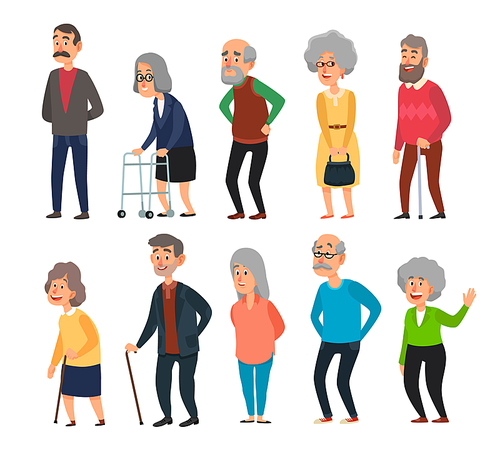 Old cartoon seniors. Aged people, wrinkled senior grandfather and walking grandmother with gray hair. Elderly mature people, cheerful seniors oldies isolated icons illustration set