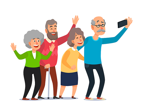 Old people selfie. Senior people taking smartphone photo, happy laughing group of seniors. Aging grandfather and grandmother recreation, senior take selfie cartoon illustration