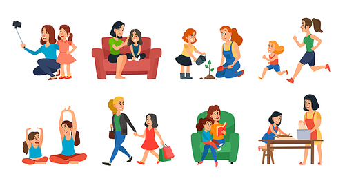 Motherhood concept. Mother and daughter family help, playing or hugging. Mothers day, parent with children talking plant reading and running. Cartoon vector isolated icons illustration set