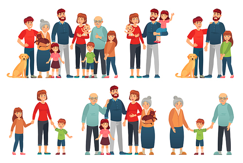 Cartoon family portraits. Happy parents and children portrait, old grandmother and grandfather. Big family, senior and teenager generations families together. Isolated vector illustration icons set