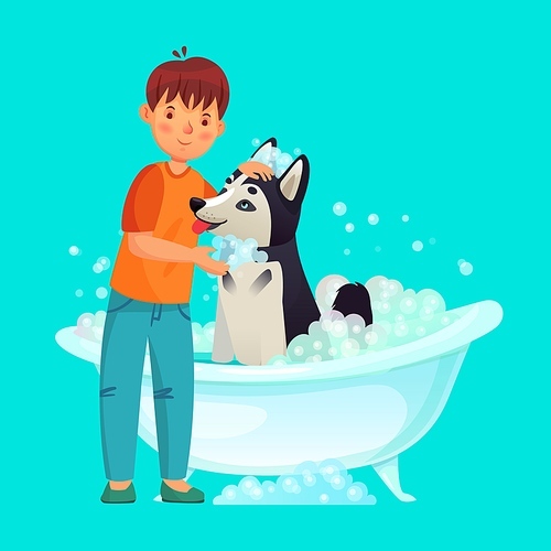 Kid washing dog. Pet wash in bathtub, domestic animal clean, character boy with dog in bathroom, vector illustration