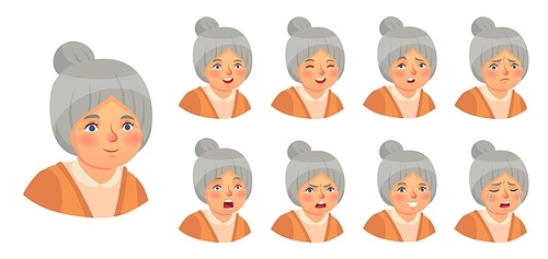 Grandmother emotions set. Vector woman lady expression, senior elder doubt face, surprise and annoying face illustration