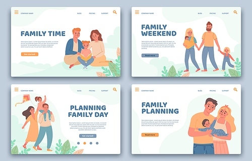 Happy families landing pages. Active parents and child on vacation. Website for family planning, healthy life and leisure time vector set. Illustration family template website, children with parents