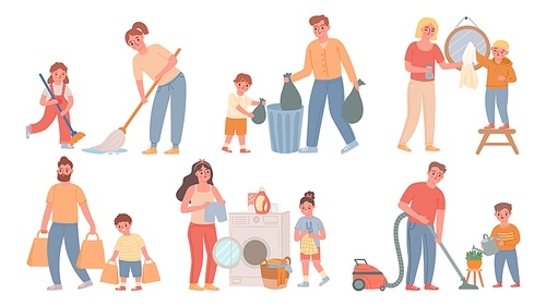 Kids and parents cleaning. Children helps adults with housework, sweeping, do laundry, throw out garbage. Cartoon family chores vector set. Illustration cleaning and housework, washing and household