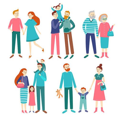 Family couples. Father and mother with children, brother and sister. Members of adults homosexual men families, young or elderly couple people illustrated character vector isolated set