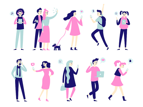 Character with smartphone. Smartphones in people hands, man talk on mobile phone, girl texting or woman and pair taking selfie. Flat characters hold gadgets vector isolated icon set