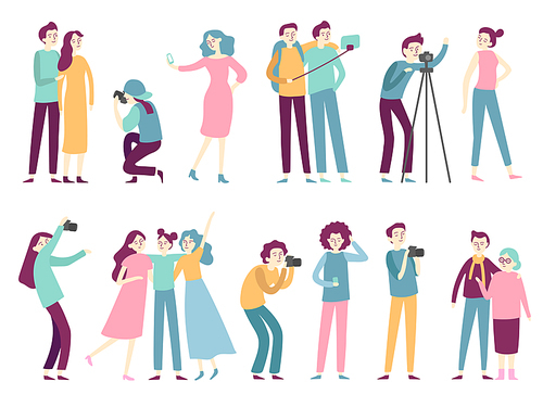 People taking photos. Woman takes selfie pictures, posing for professional photographer and man holding photo camera, modern photograph technology flat isolated icons vector set