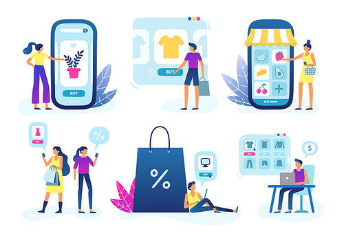 Online shop. Web store business, customer goods delivery service and internet buying and selling. Website online shopping smartphone app. Vector flat illustration isolated icons set