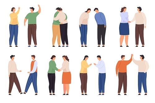 Characters with greeting gestures. People greet with waving, handshake, hug and high five. Flat man and woman bow. Polite welcome vector set. Illustration character person handshake greeting