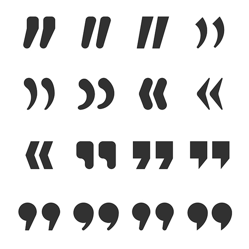 Quotes icons. Quote marks comma, speech excerpt remark icon and citation commas or speech quotation mark. Comma and double quotes silhouette isolated vector symbols set