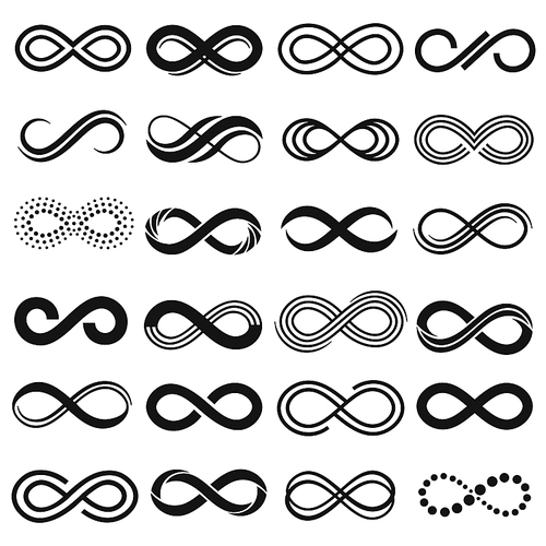 Infinity symbol. Infinite repetition, unlimited contour and endless infinite sign. Eternity curve loop figure logotype infinity silhouette. Isolated vector symbols set