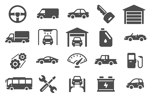 Auto icons. Vehicle silhouettes and servicing symbols. Spare parts, auto repair and car wash design for web, mobile and ui signs vector set. Illustration car tire, repair automotive icons
