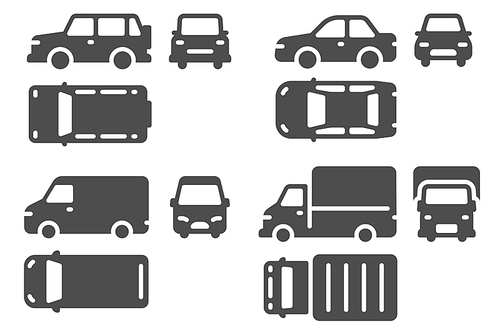 Car top side and front view. Vehicle projection, suv, minibus and truck auto icons for web, ui design outline transportation vector set. Different automobiles signs isolated collection