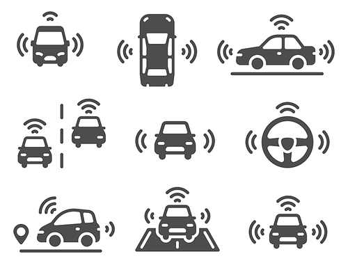 Driverless car icons. Autonomous robotic car, smart driving vehicles, navigation mobile lines road, eco technology electric auto vector set. Autonomous sensor smart distance icons
