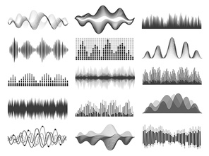Sound waves. Graphic music soundwave frequency. Pulse lines, radio equalizer, voice record or impulse wave. Audio player chart vector set. Flowing soundtrack bar with curves in studio or club