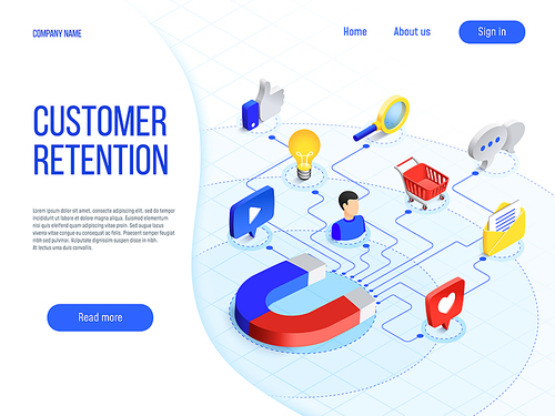 Customer retention. Business marketing, branding attract customers and enhances buyer loyalty. Attractive brand, online traffic attraction people magnetize marketing isometric vector concept