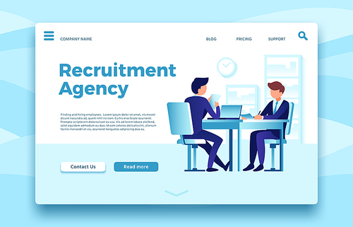 Recruitment agency. Business employment landing page, finding and hiring employees agencies online site or human resources selection. Office manager meet candidate client in workspace vector template