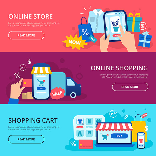 Online shopping banner. Web store credit card, internet shop cart and purchase delivery. Shop online, mobile buying service or advertising retail start vector banners set