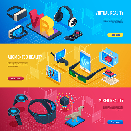Augmented reality. Isometric virtual reality wireless headset communication banners. Vr entertainment future technology, game goggles gadgets software device. Futuristic cyberspace vector illustration