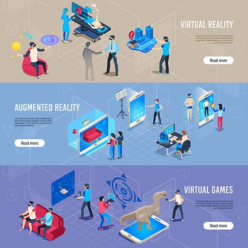 Isometric people in vr. Portable virtual reality simulation headset banners. Augmented reality immersion experience, immersed people in vr glass. Vector futuristic illustration collection