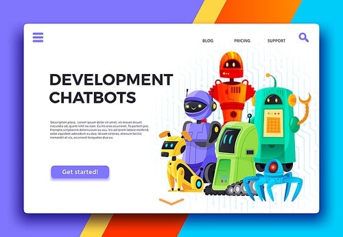 Chatbots development. Digital chatbot assistant, friendly robots and assistance robot landing page. Clever artificial intelligence bot, android dialog develop cartoon vector illustration