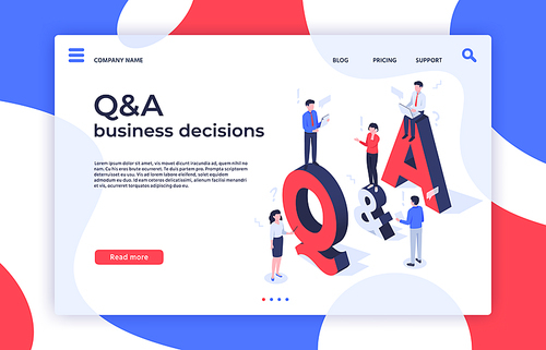 Questions and answers. Find decision, problem solving and QA business decisions landing page. Question quiz, debate ask answers info or answering faq help isometric vector illustration