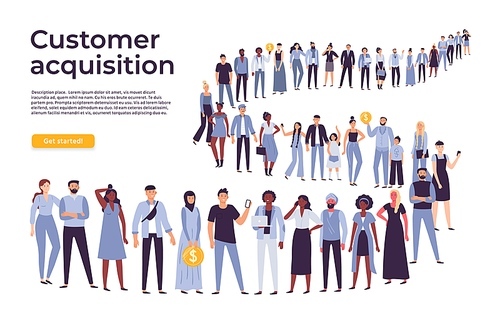 People crowd stand in queue. Business people standing and waiting in long line. Businessman shop crowd, buyer customer wait for service flat vector illustration
