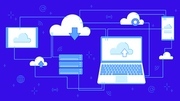 Cloud storage for downloading. Digital service or application with data transfer. Networked computing technologies. Servers and data center connected to laptop banner vector illustration