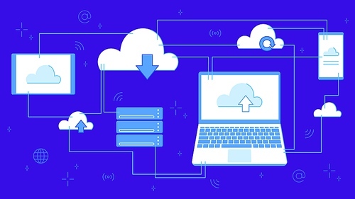 Cloud storage for downloading. Digital service or application with data transfer. Networked computing technologies. Servers and data center connected to laptop banner vector illustration