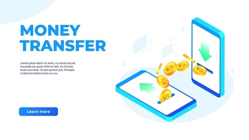 Money transfer on mobile phones. Dollar coins flying from one smartphone to other. Sending and receiving money wirelessly, bank payment application landing page vector illustration