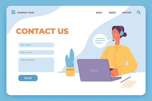 Contact us landing page. Website customer service, female operator with laptop and email feedback form. Online call center vector template. Illustration contact internet website, support mail online