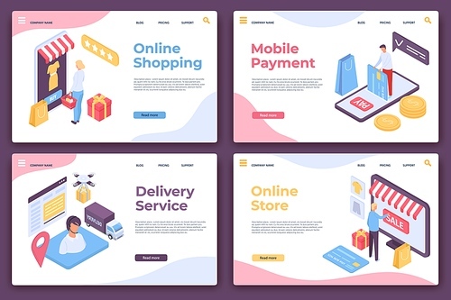 Online shopping landing page. Isometric website pages for mobile payment, delivery service and shop app. Customer order purchase vector set. Illustration of delivery store page, sale e-commerce
