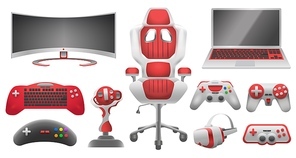 Joystick controllers, gadget and accessory for video game. Virtual reality glasses, monitor, laptop, gaming chair and controller vector set. Illustration of video gamepad, gaming joystick