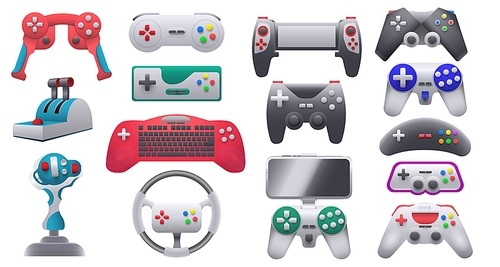 Modern and retro video game consoles, gamepads and joysticks. Wireless gaming control gadgets and steering wheel. Gamer devices vector set. Illustration of play game console collection
