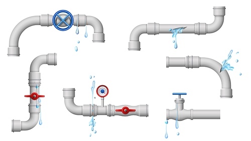 Damaged leaky pipes. Water pipe leaks, broken metal plumbing and leak from pipes and joints vector illustration. Leaking pipe crack, piping problem supply damage tube