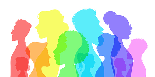 Silhouette social diversity. People of diverse culture. Men and women group profile. Racial equality in multicultural society vector concept. Multiethnic girls and boys, communication and friendship